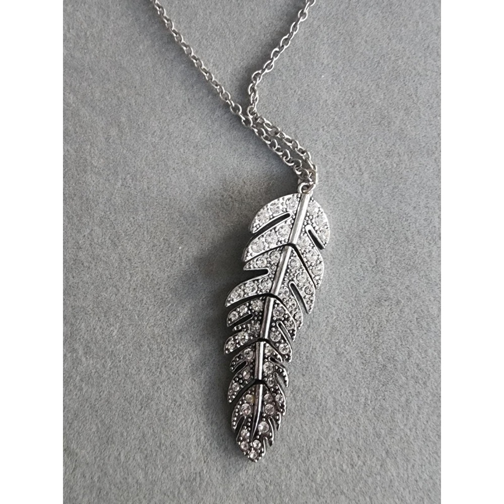 AEA Signed Feather Pendant Jointed CZ Silver Tone Necklace Little Charm Sparkly!
